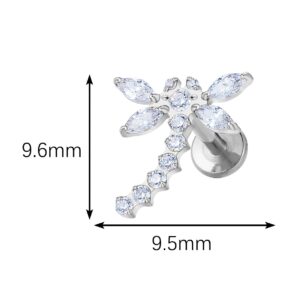 Size specification chart for Dragonfly Cartilage Stud indicating 9.6mm height and 9.5mm width with internal threading.