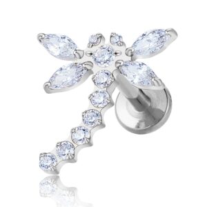 Macro photography of Silver Titanium Flat Back Stud featuring a sparkling Dragonfly design with marquise crystal wings.