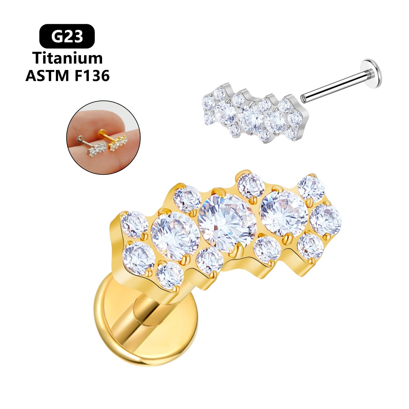 NK100855-2 G23 Titanium 9-Stone Jeweled Threaded Flat Back Stud - Image 1