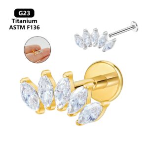 Wholesale ASTM F136 Titanium Alloy Internal Thread Lip Studs - 5-Piece Oval Cubic Zirconia Fan Cluster Top Accents