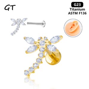 G23 Titanium ASTM F136 certified body jewelry infographic showing the Dragonfly top separated from the labret post.