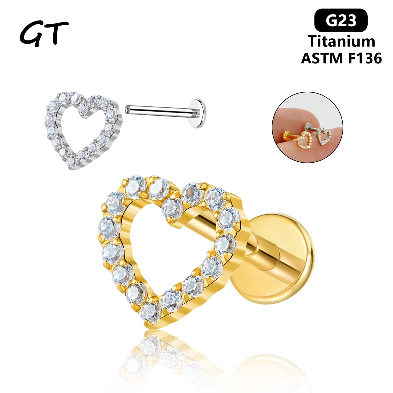 NK100855-3 Titanium Heart CZ Flat Back Labret Stud – ASTM F136 - Image 1