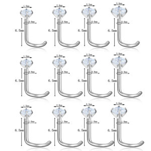 Sizing Guide for Titanium Nose Screw Studs - 18G 20G 22G Thickness Options with Cubic Zirconia Detail