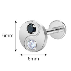 Sizing chart showing 6mm diameter Yin Yang top and 16G labret bar.
