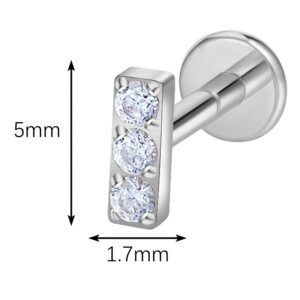 Dimension diagram of 16G ASTM F136 Titanium flat back labret showing 5mm length and 1.7mm width triple gem bar top.