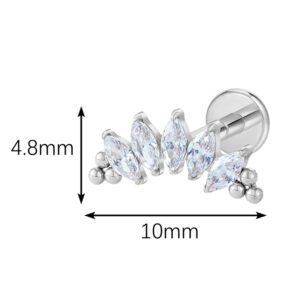 Technical dimension diagram showing the 10mm width and 4.8mm height of the marquise fan top on a 16G labret.