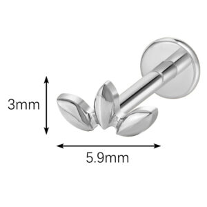 Technical diagram showing dimensions: 6.1mm width and 4.3mm height of the V-shape gem top on a 16G labret.