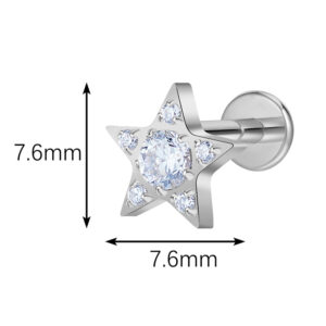 Star top size 7.6mm titanium flat back labret stud, 16G, 8mm and 10mm lengths