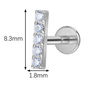 5-stone bar top size 8.3mm x 1.8mm titanium flat back labret stud, 16G