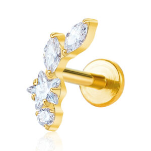 Gold PVD titanium cartilage earring worn on helix location featuring star and leaf gem cluster.