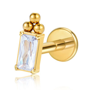 Close-up of rectangular zirconia and tri-bead cluster top design, size 7mm by 2.6mm.