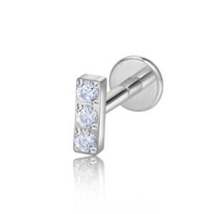 High polish implant grade titanium flat back stud featuring a clear triple gem bar top in silver finish.