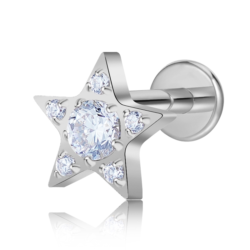 NK100106-1 Titanium flat back labret stud with star gem top, silver finish, 16G
