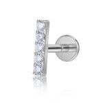 Silver titanium flat back labret stud with 5-stone CZ bar top, 16G