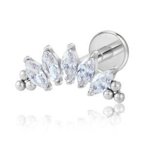 High-polish silver ASTM F136 titanium ear stud with a clear 5-marquise gem fan top design.