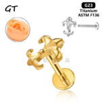 ASTM F136 titanium spider internally threaded labret stud with model ear display.