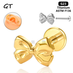 G23 ASTM F136 titanium bow flat back labret stud 16G silver and gold main image